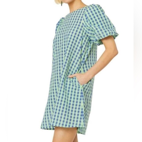 Gorman Stay in Check Mini Dress Puff Sleeve Green Blue Gingham Size 6 NWT - Picture 2 of 13
